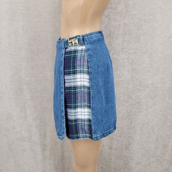 Not Guilty Vintage 90s Denim and Green Plaid Mini Skort Shorts + Skirt Grunge - Picture 4 of 13